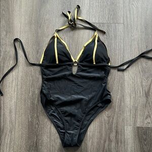 NWOT Black Gold Halter One Piece Swimsuit L